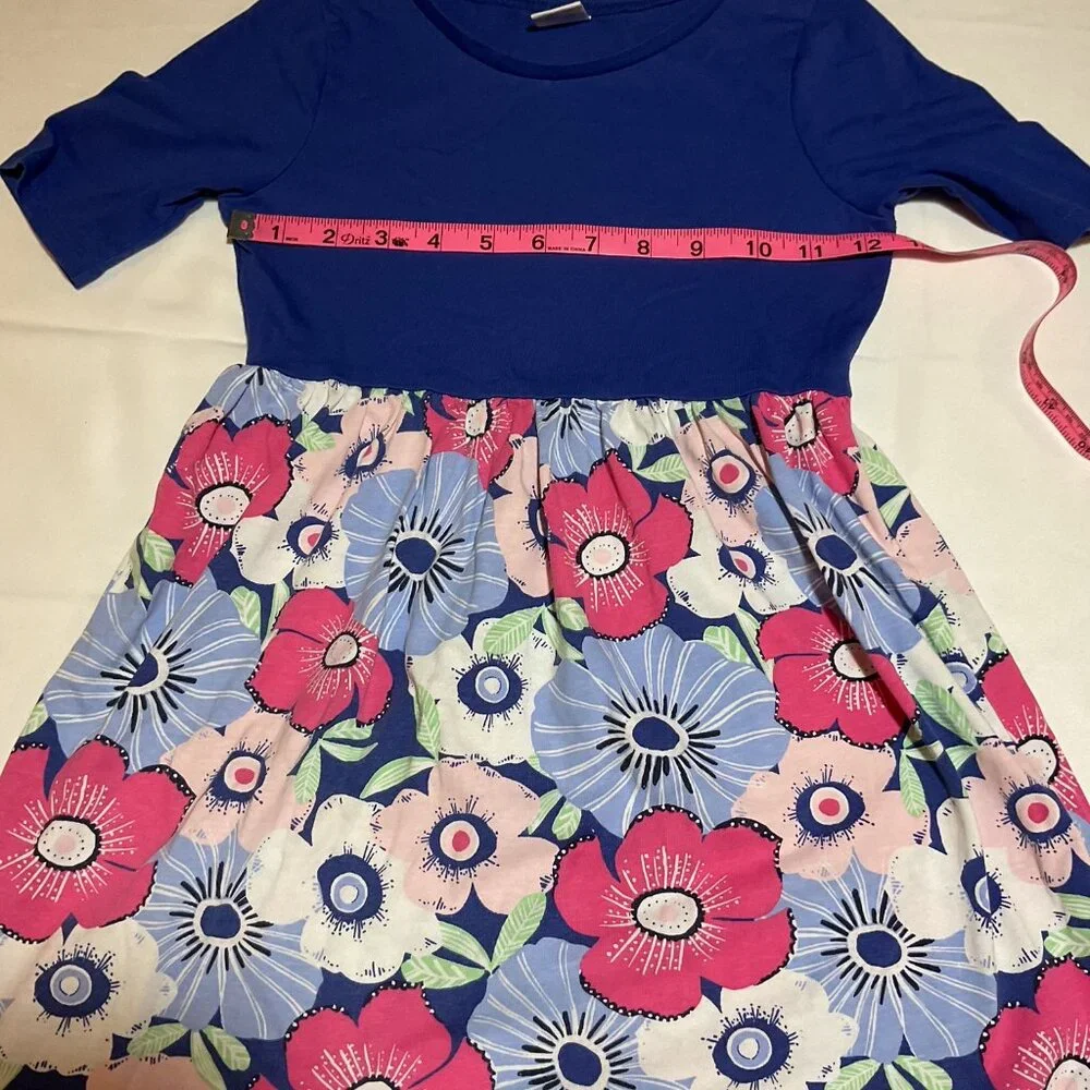 Gymboree Girls Size Small 5-6 Blue Solid Top Floral Bottom Short Sleeve Dress